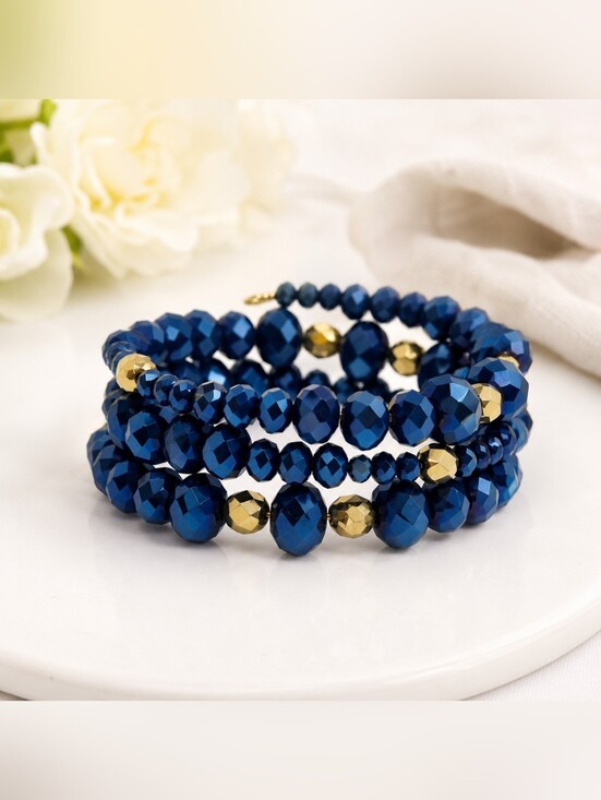 Handmade Jewelry - Midnight Blue And Gold Multi Strand Beaded Wrap Bracelet